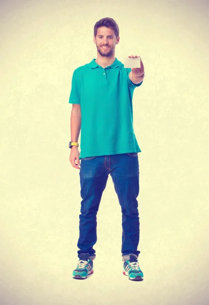 Young man showing a name card — Stock Photo, Image