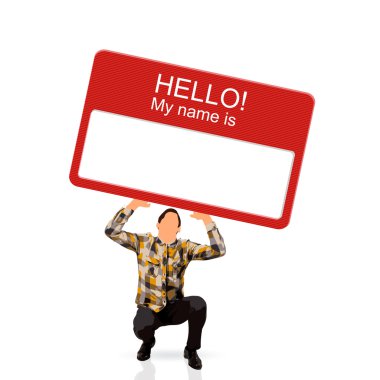 bir isim kartı tutan genç adam