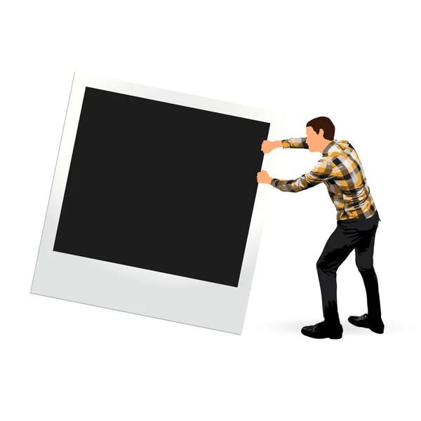 Young man carrying an instant photo frame — Stock Vector