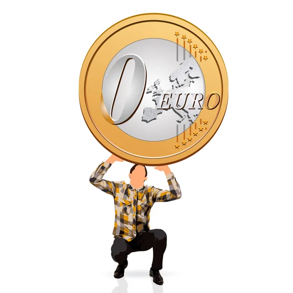 Young man holding a zero euro coin — Stock Vector