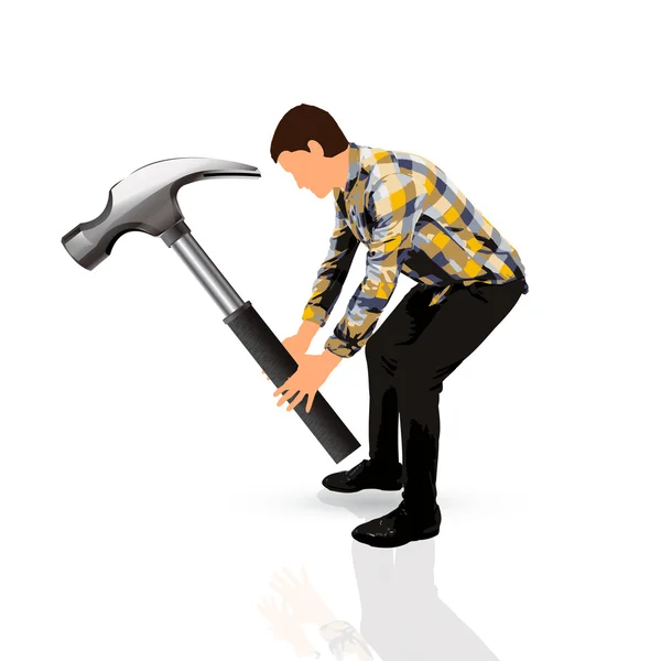 Young man with a big hammer — Stock Vector