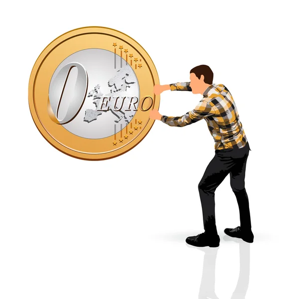 Young man holding a zero euro coin — Stock Vector