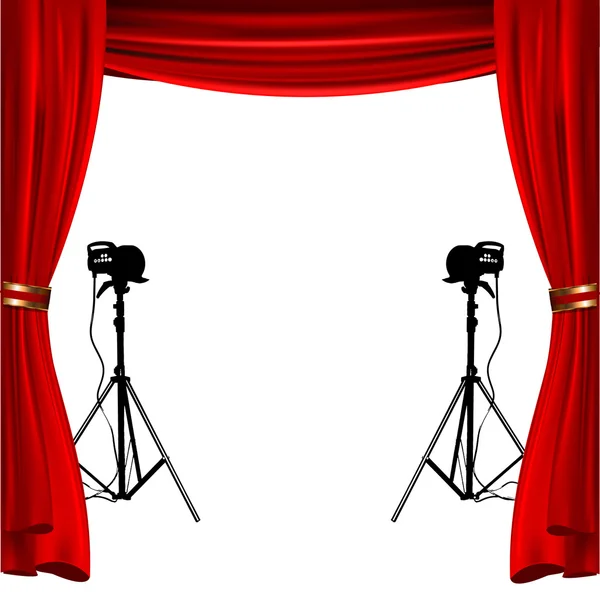 Empty stage with red show curtain and flashlight to place your concept — Stock Vector