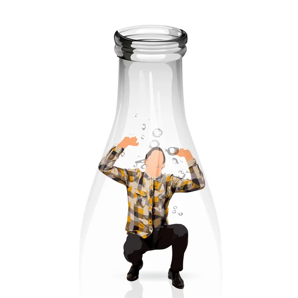 Mann in einer Wasserglasflasche gefangen — Stockvektor