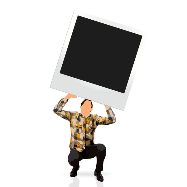 Young man holding an empty instant photo frame — Stock Vector