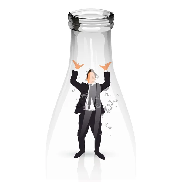 Young businessman trapped into a glass water bottle — Stock Vector