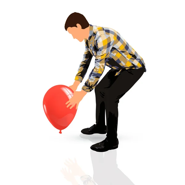Young man catching a red balloon — Stock Vector