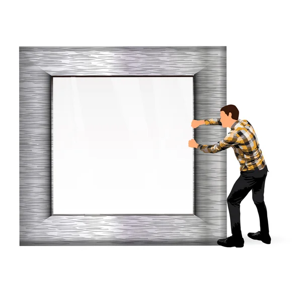 Young man carrying with a steel photo frame — Stock Vector