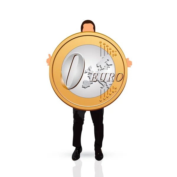 Young man holding a zero euro coin — Stock Vector