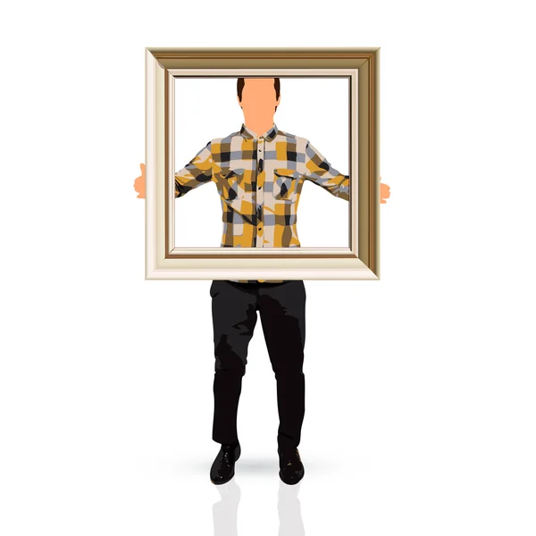 Young man holding a picture frame — Stock Vector