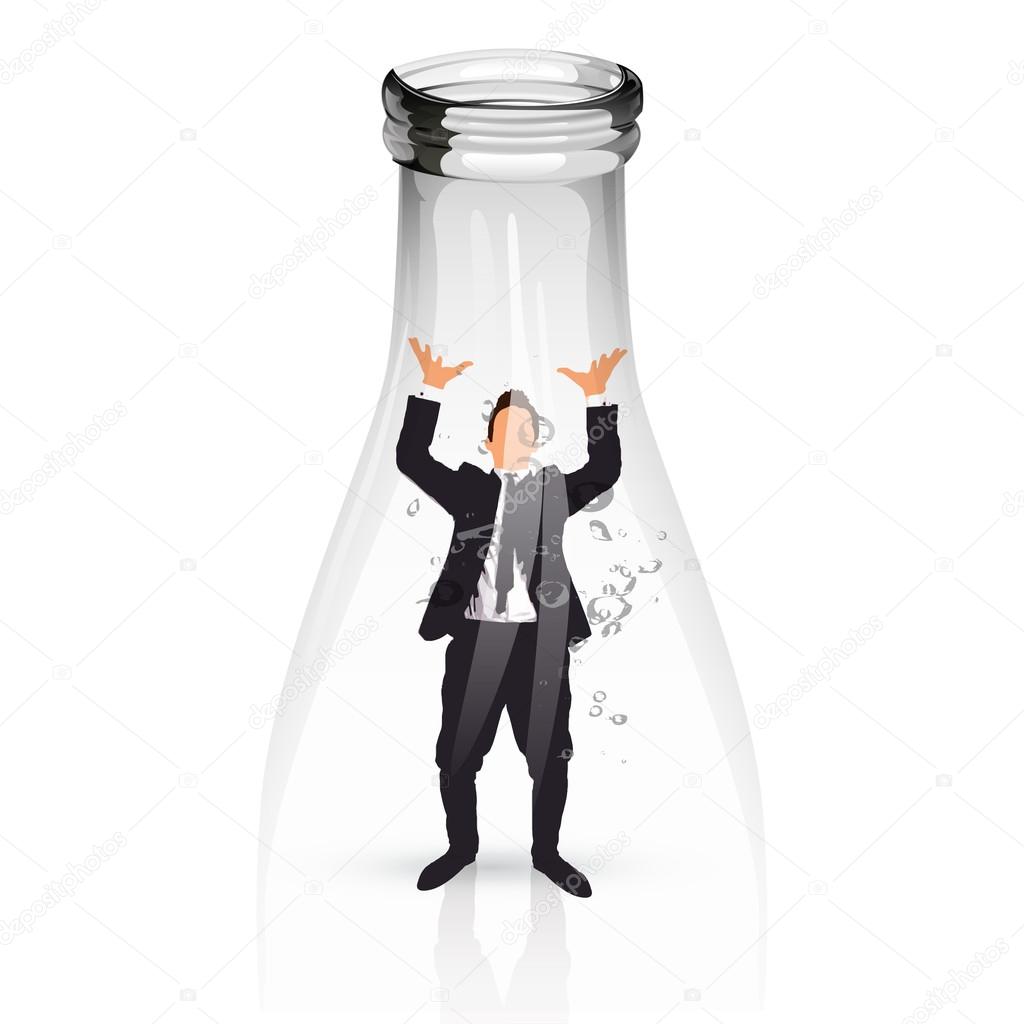 young businessman trapped into a glass water bottle