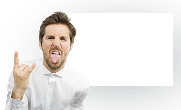 Man with disagreement gesture on an empty frame — Stock Photo, Image