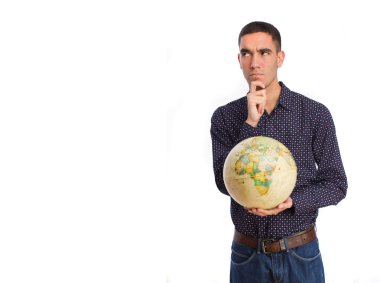 young man thinking with a globe clipart