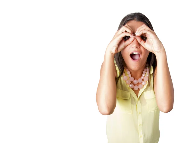 Schöne Frau Fernglas Geste — Stockfoto