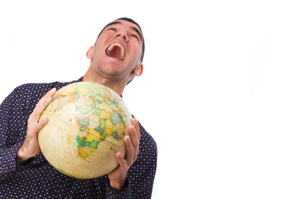 Jonge man schreeuwen met een globe — Stockfoto