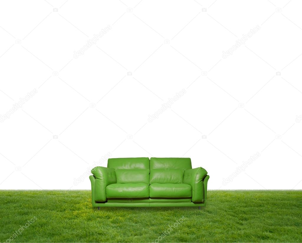 green leather sofa on the grass