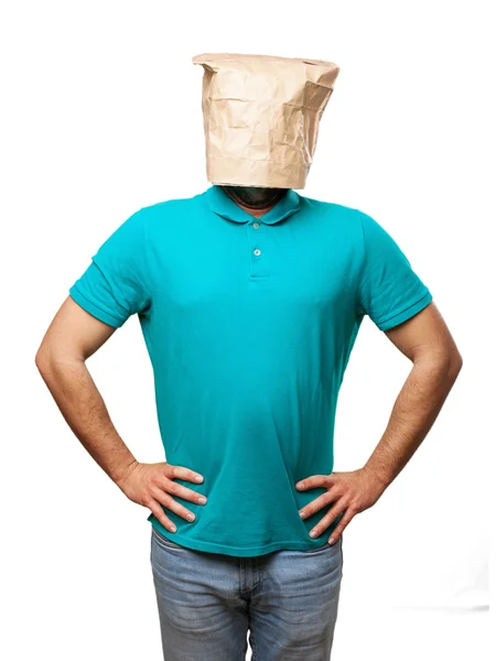 Hrdý muž s papírový sáček v hlavě — Stock fotografie