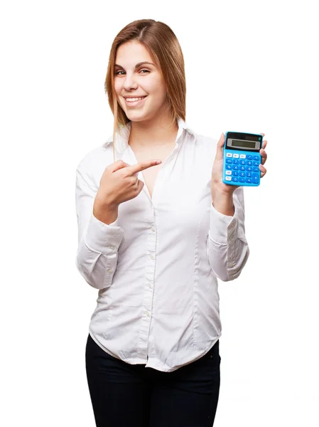 Mujer rubia con calculadora — Foto de Stock
