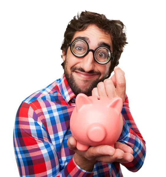 Crazy man met een piggy bank — Stockfoto