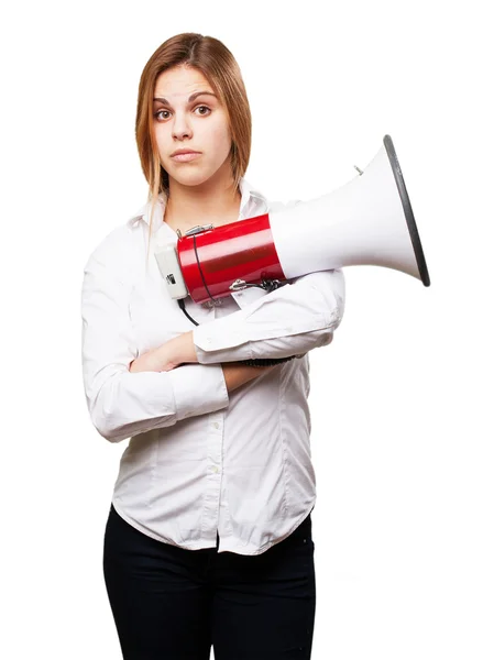 Mulher loira com um megafone — Fotografia de Stock