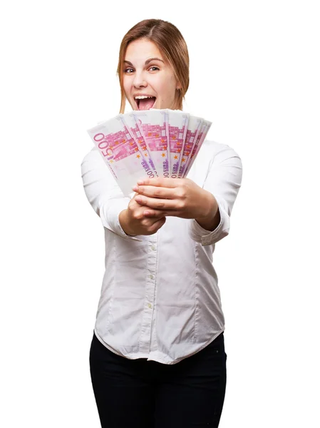 Ξανθιά γυναίκα με χρήματα — Φωτογραφία Αρχείου