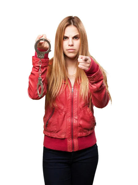 Blond woman with handcuffs — Stock Photo, Image