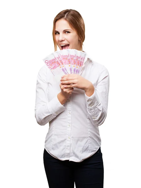 Blond woman with money — Stock Photo, Image