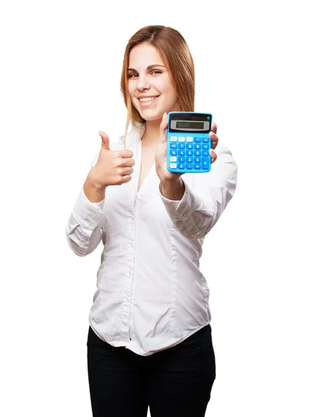 Mujer rubia con calculadora — Foto de Stock