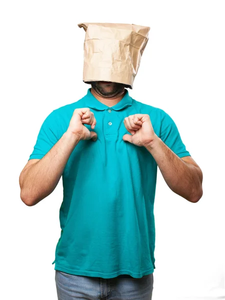 Proud man with a paper bag in his head — Stock Photo, Image