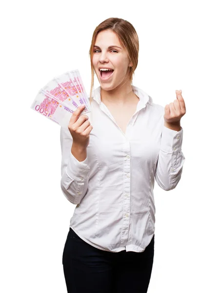 Blond woman with money — Stock Photo, Image