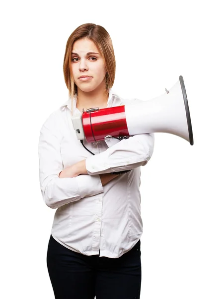 Mulher loira com um megafone — Fotografia de Stock