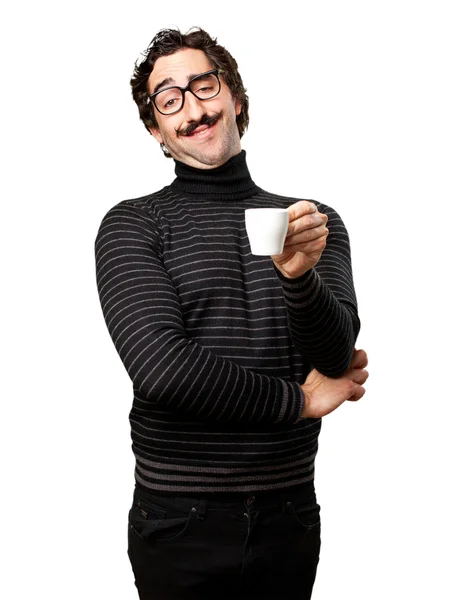 Bilgiçlik taslayan adam bir kahve içer — Stok fotoğraf