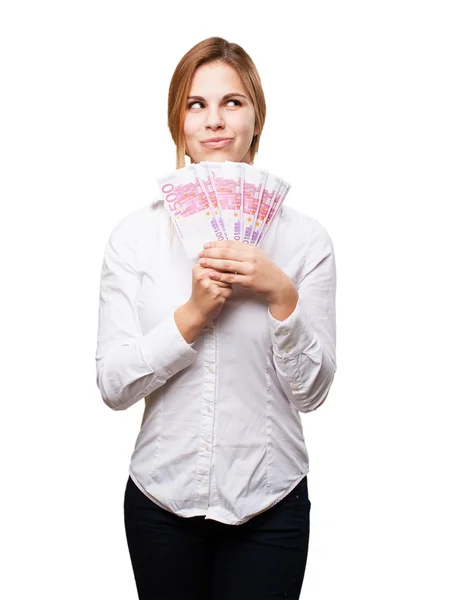 Blond woman with money — Stock Photo, Image
