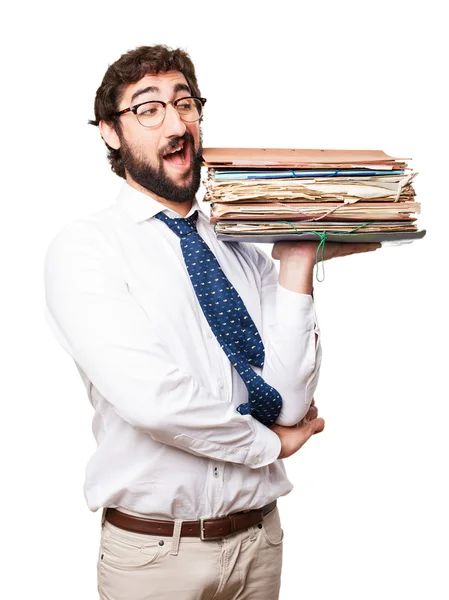 Fool businessman with archives — Stock Photo, Image