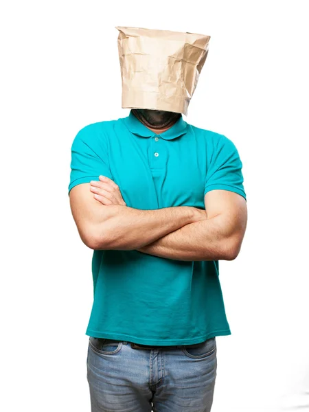 Homem triste com um saco de papel na cabeça — Fotografia de Stock