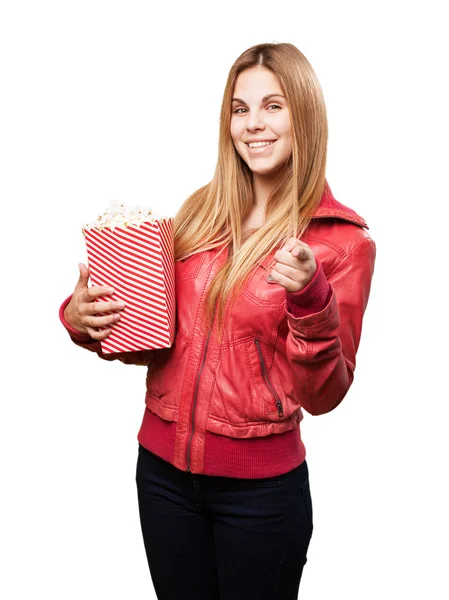 Blond woman with pop corns — Stock Photo, Image