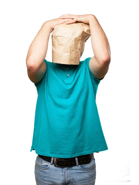 Hombre perdedor con una bolsa de papel en la cabeza — Foto de Stock
