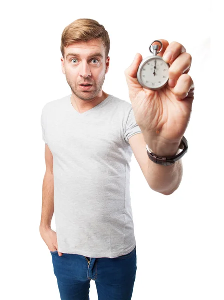 Blond man met een stopwatch — Stockfoto