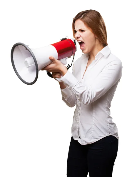 Blond woman with a megaphone — Stock Photo, Image