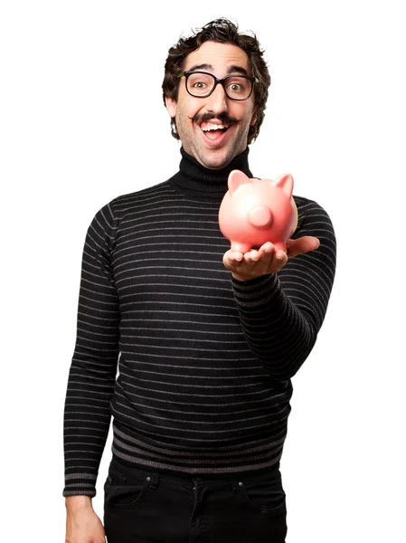 Pedantic man with a piggy bank — Stock Photo, Image