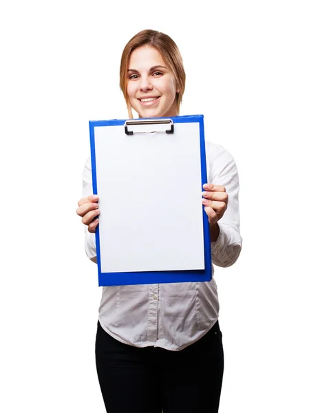 Blond woman with paper and pen Stock Image