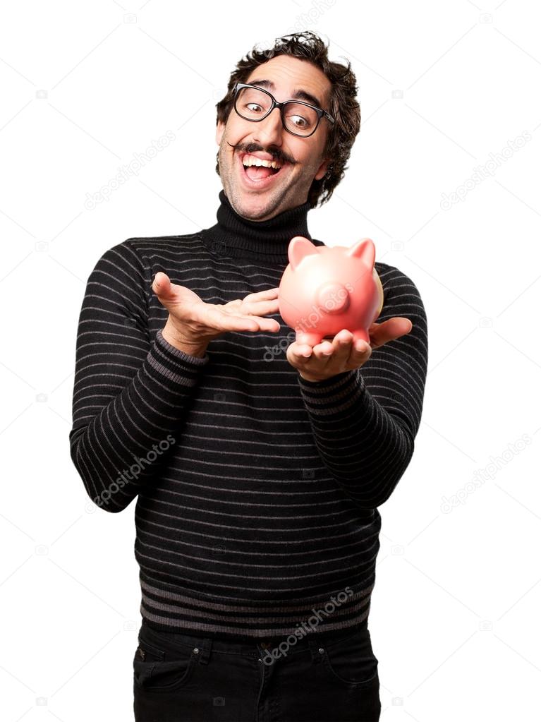 pedantic man with a piggy bank