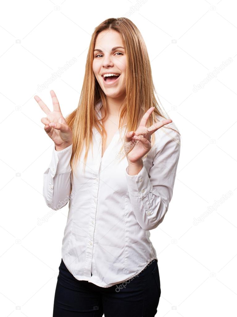 blond woman victory sign