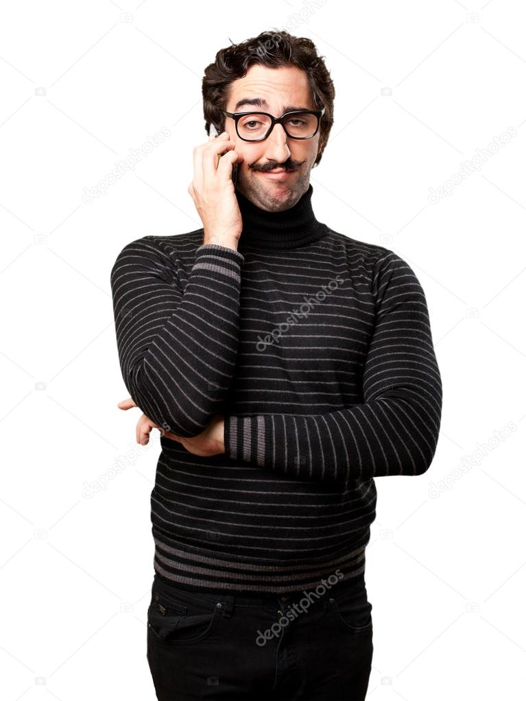 pedantic man speaking on phone
