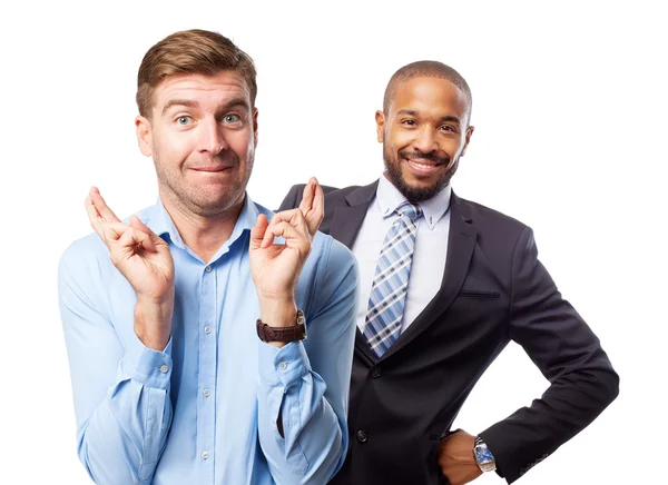 Blond man finger crossing — Stock Photo, Image