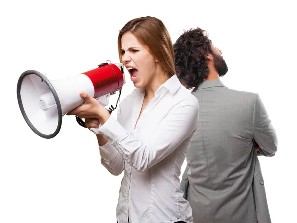 Mulher loira com um megafone — Fotografia de Stock