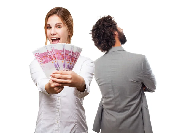 Blond woman with money — Stock Photo, Image