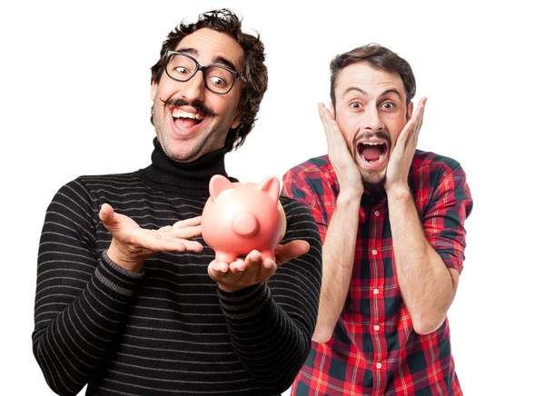 Pedant man met een piggy bank — Stockfoto