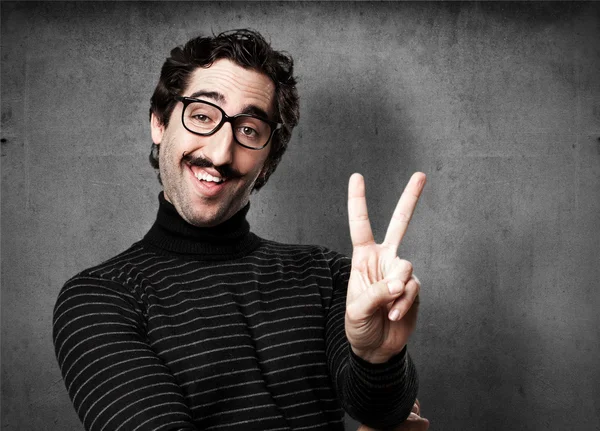 Pedantic man victory sign — Stock Photo, Image