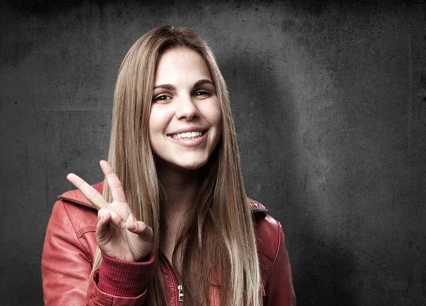 Blond woman victory sign — Stock Photo, Image